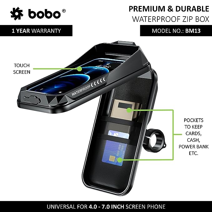 BOBO BM13 Zip Box Fully Waterproof Bike/Motorcycle/Scooter Mobile Phone Holder Mount, Ideal for Maps and GPS Navigation (Black)