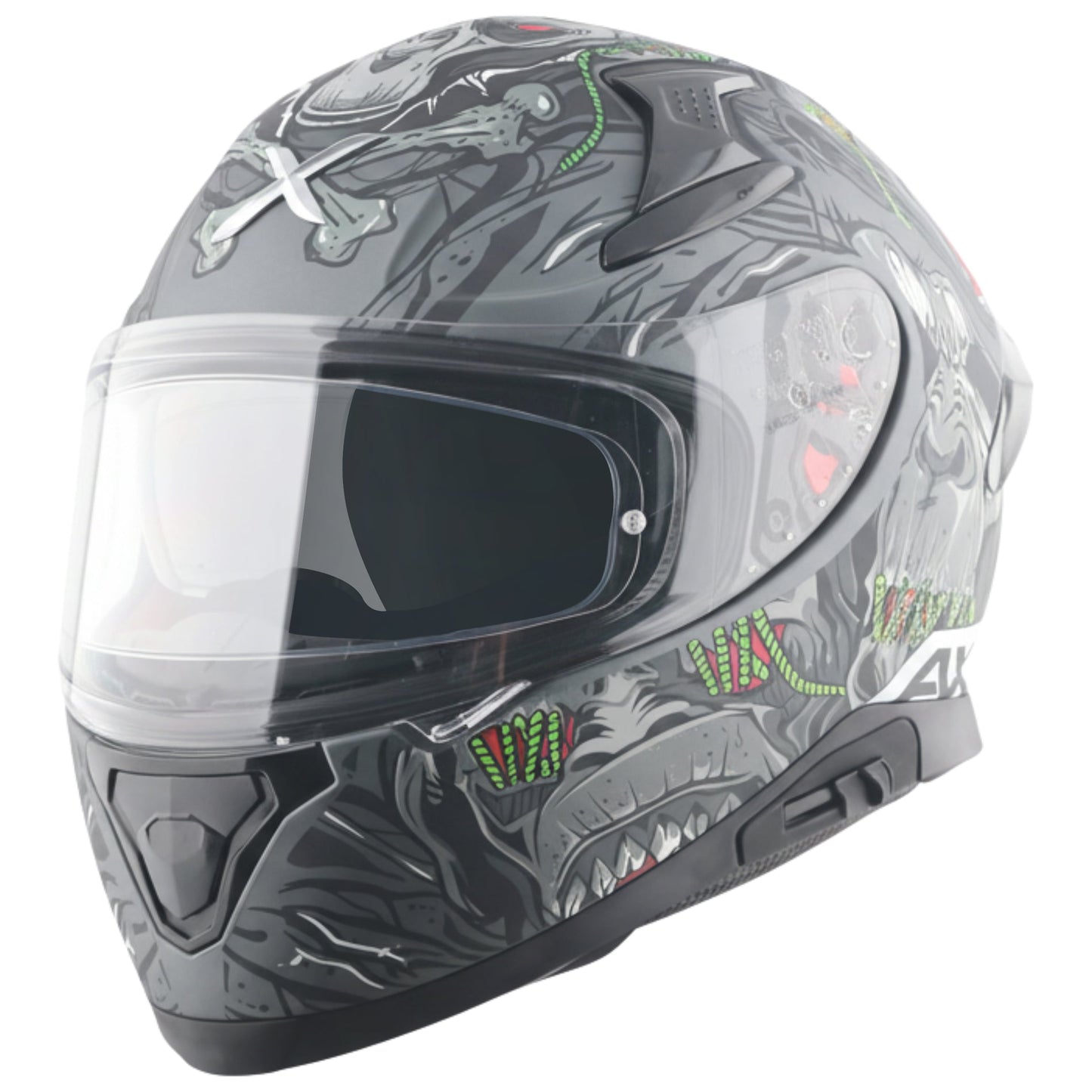 Motorcycle full face helmet matt black grey white graphic pinlock sun-visor touring ready