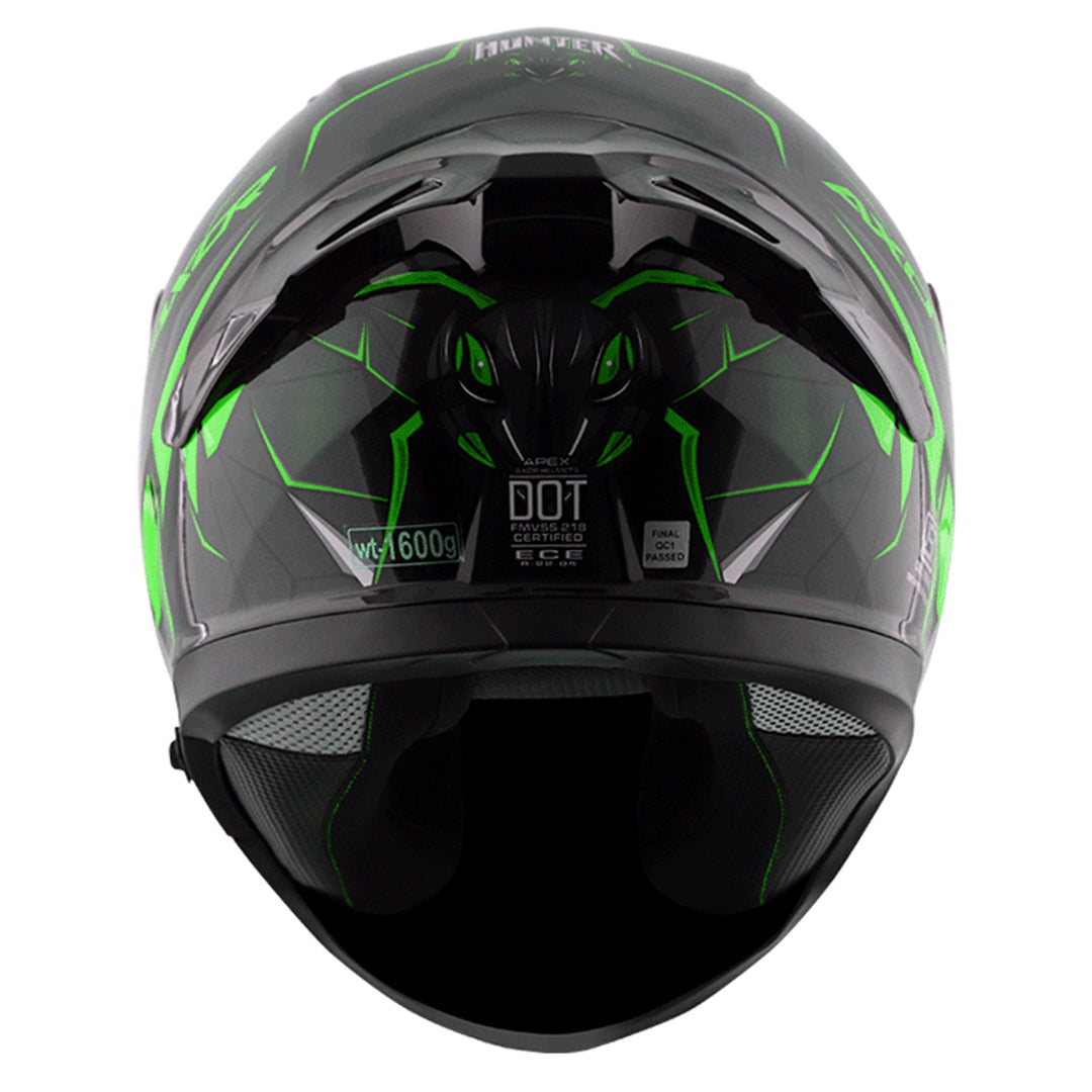 Motorcycle full face helmet black neon green hunter graphics with pinlock and sun-visor