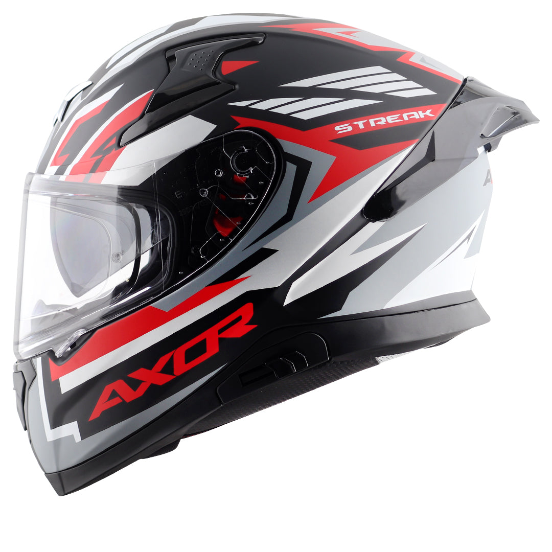 Motorcycle full face helmet matt black red grey geometric graphic pinlock sun-visor