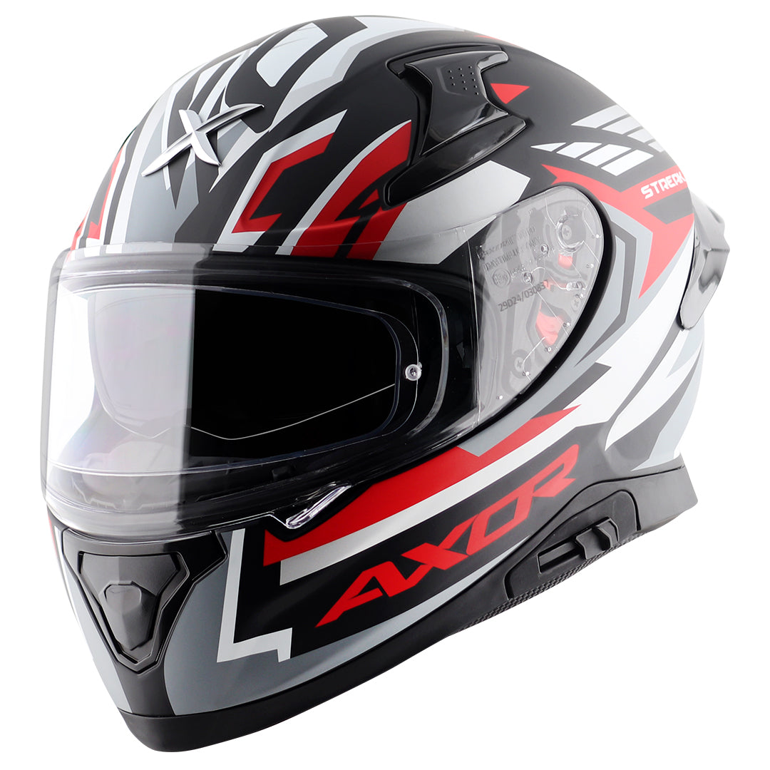 Motorcycle full face helmet matt black red grey geometric graphic pinlock sun-visor
