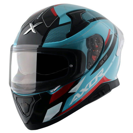 Motorcycle full face helmet sky blue with black white red pinlock and sun-visor incl.