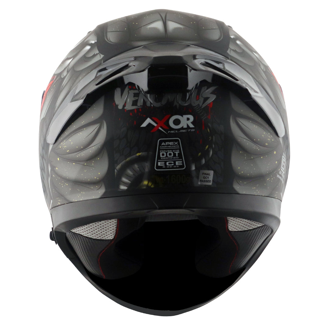 Motorcycle full face matt black grey snake eyes and fangs graphic - ISI ECE