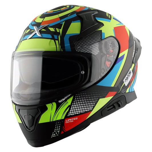Motorcycle full face helmet glossy black neon yellow blue and red - pinlock sun visor incl.