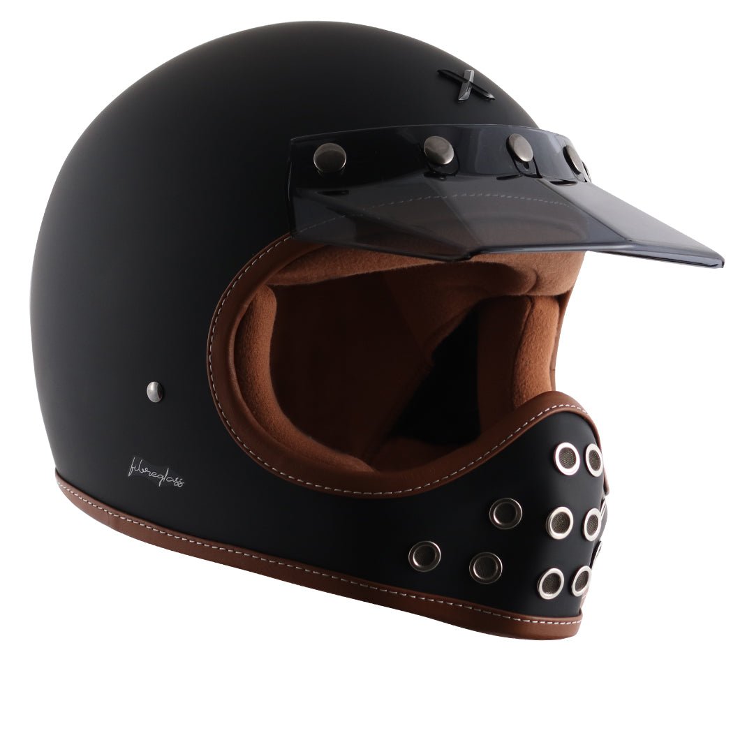 Motorcycle full face helmet retro style with peak visor matte black