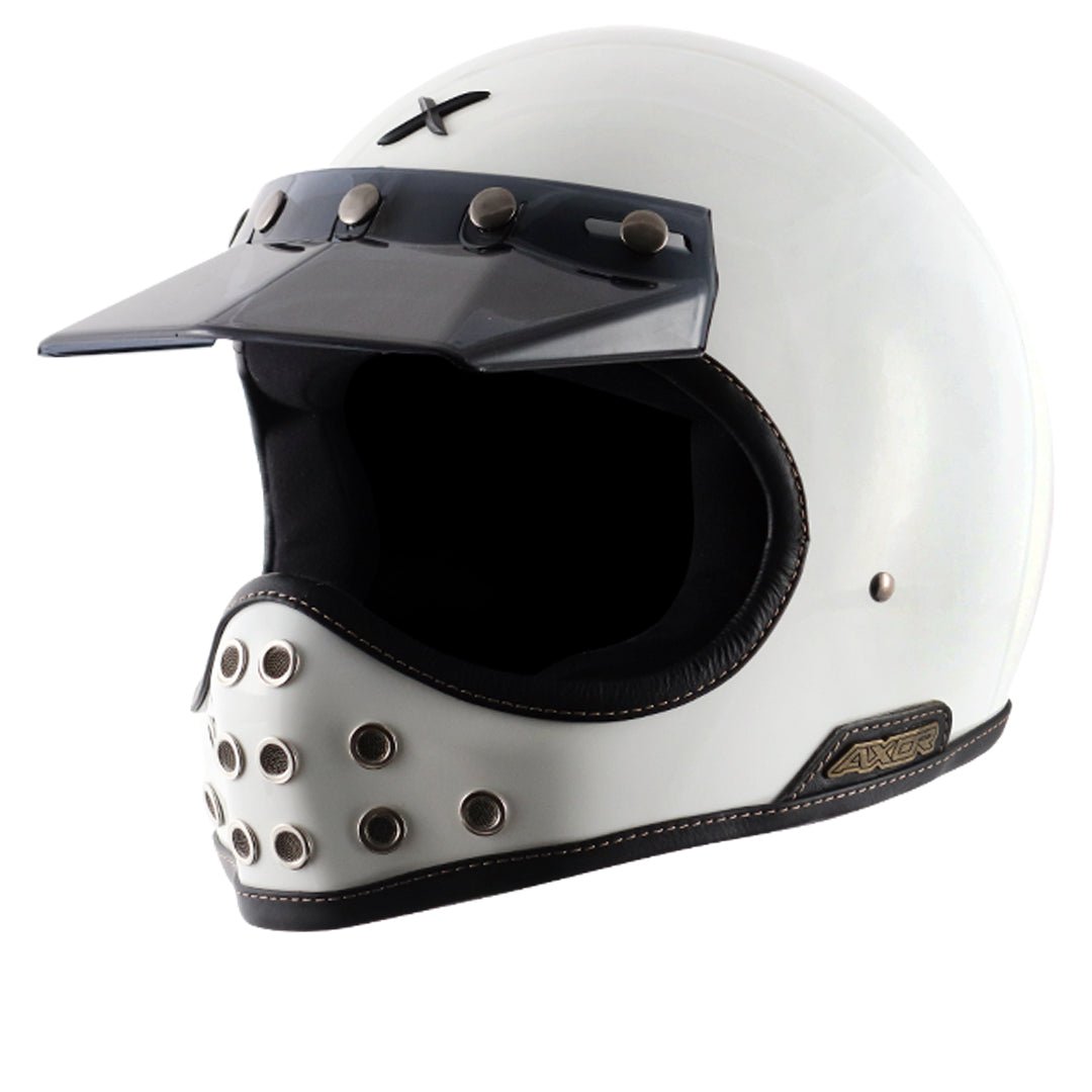 Motorcycle full face helmet retro style with peak visor solid white