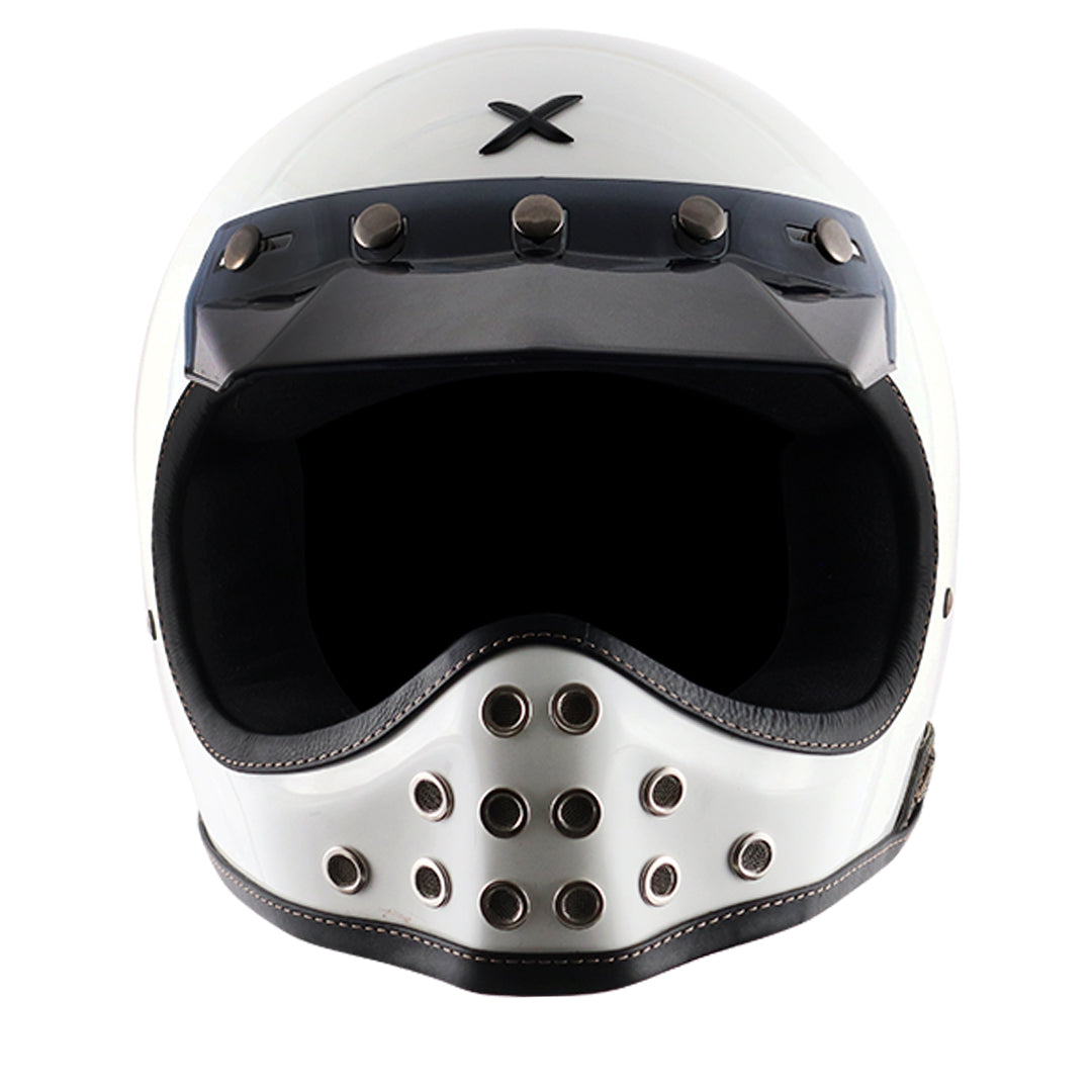 Motorcycle full face helmet retro style with peak visor solid white