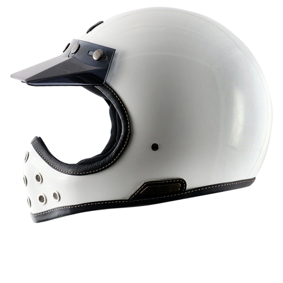 Motorcycle full face helmet retro style with peak visor solid white