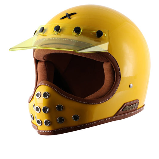 Motorcycle full face helmet retro style with peak visor solid yellow