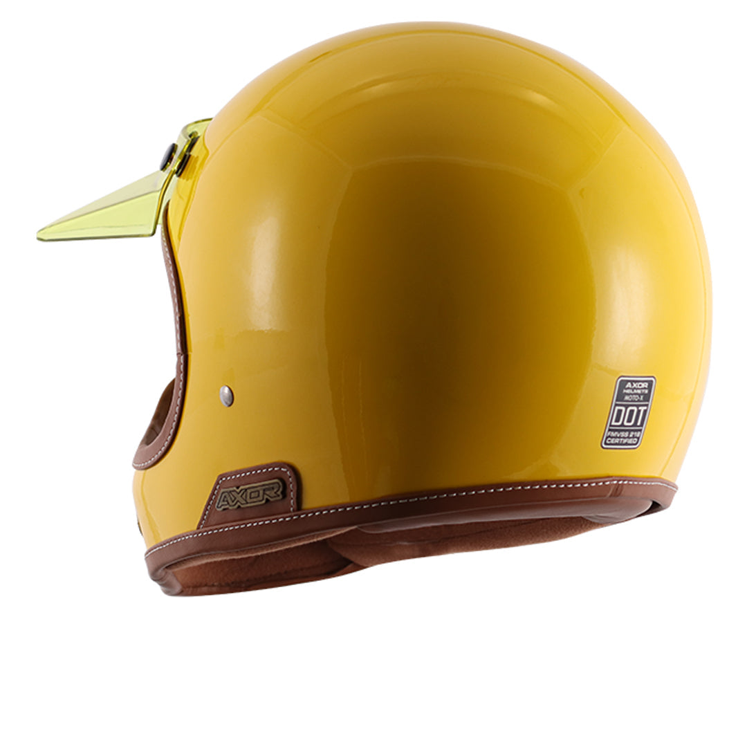 Motorcycle full face helmet retro style with peak visor solid yellow