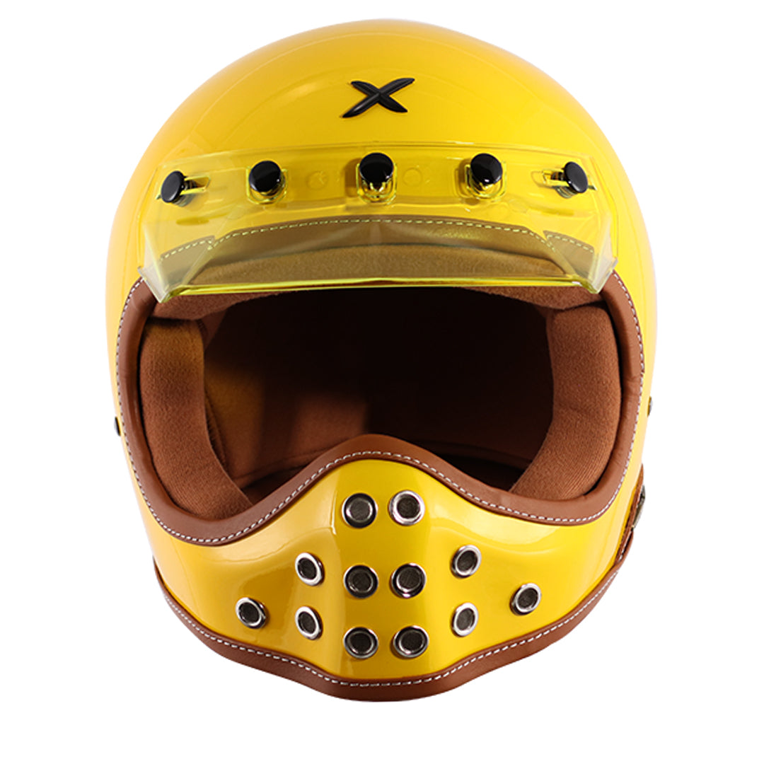 Motorcycle full face helmet retro style with peak visor solid yellow
