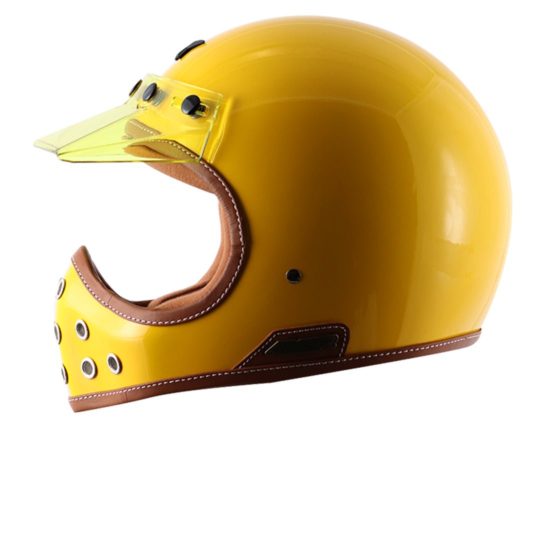 Motorcycle full face helmet retro style with peak visor solid yellow
