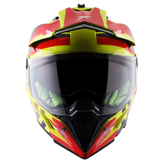 Motorcycle adv / motocross helmet neon yellow red dual visor removable peak pinlock 70