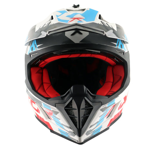 Motorcycle adv / off-road / motocross helmet white red blue with black graphic adjustable peak