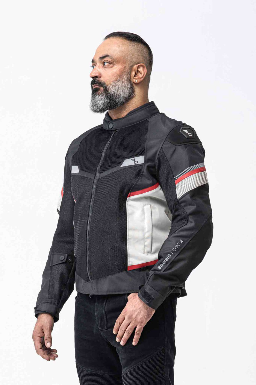 Motorcycle riding mesh armoured jacket D3O black with white, Red stripes