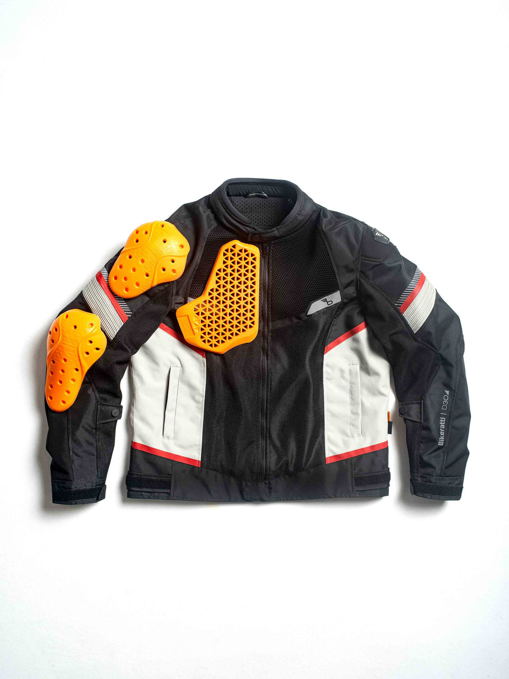 Motorcycle riding mesh armoured jacket D3O black with white, Red stripes