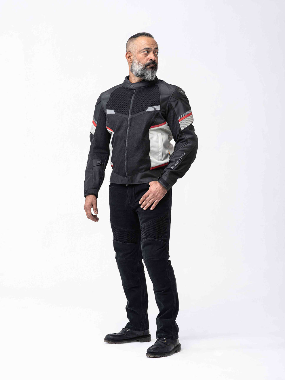 Motorcycle riding mesh armoured jacket D3O black with white, Red stripes