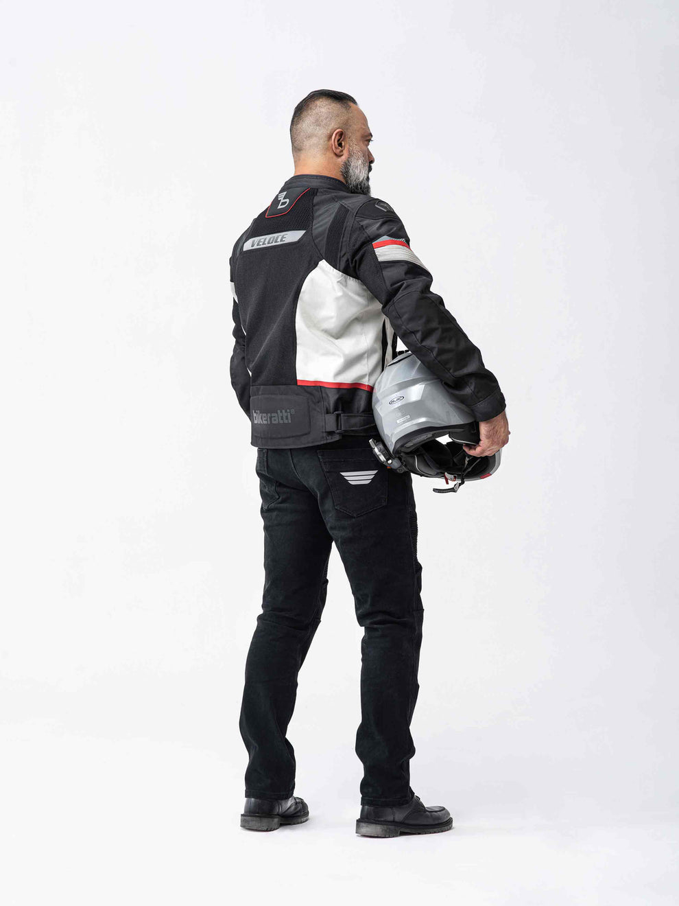Motorcycle riding mesh armoured jacket D3O black with white, Red stripes