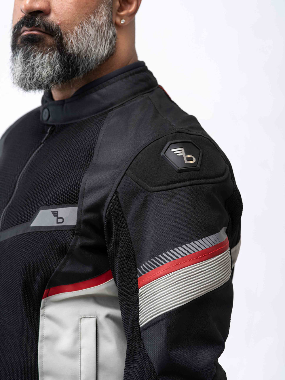 Motorcycle riding mesh armoured jacket D3O black with white, Red stripes