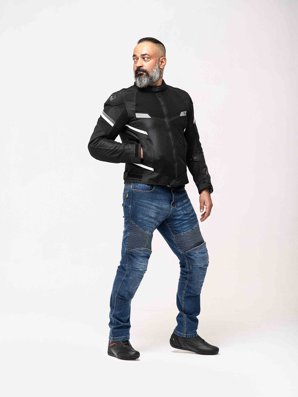 Motorcycle riding mesh armoured jacket D3O black with white stripes
