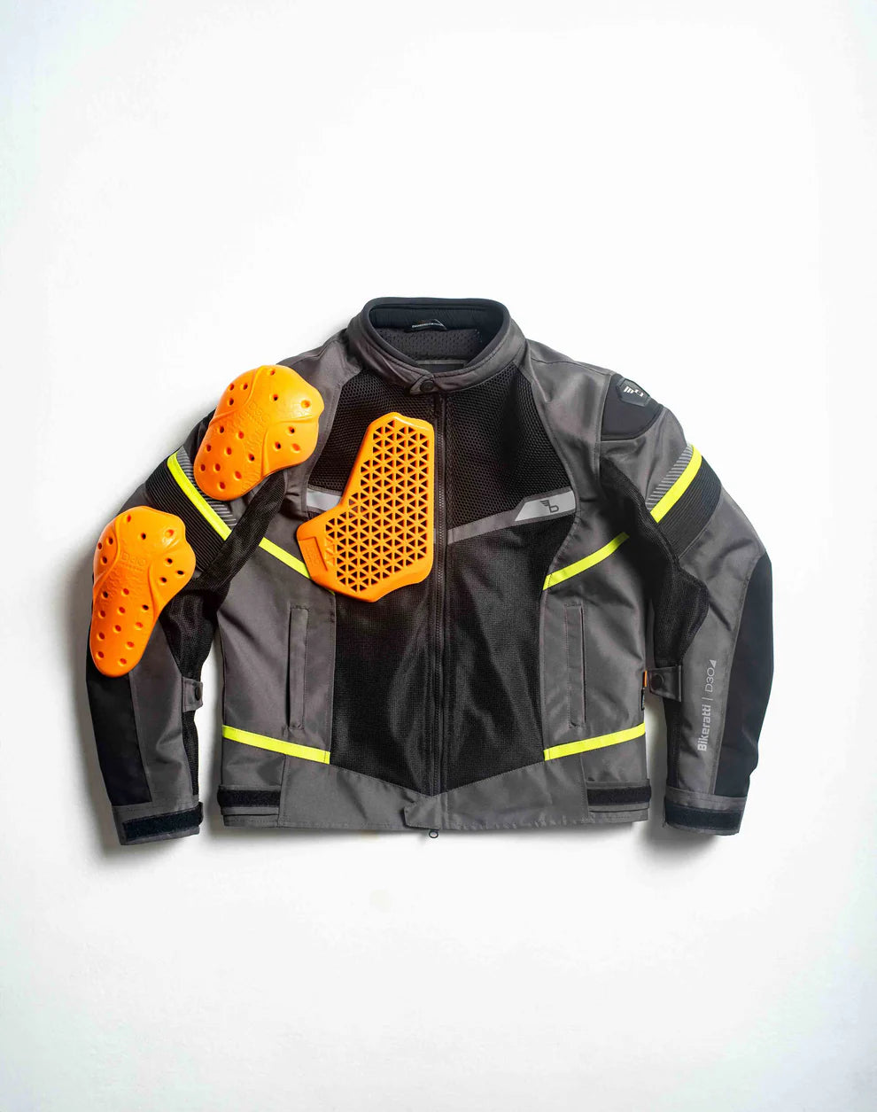 Motorcycle riding mesh armoured jacket D3O black with grey, neon stripes