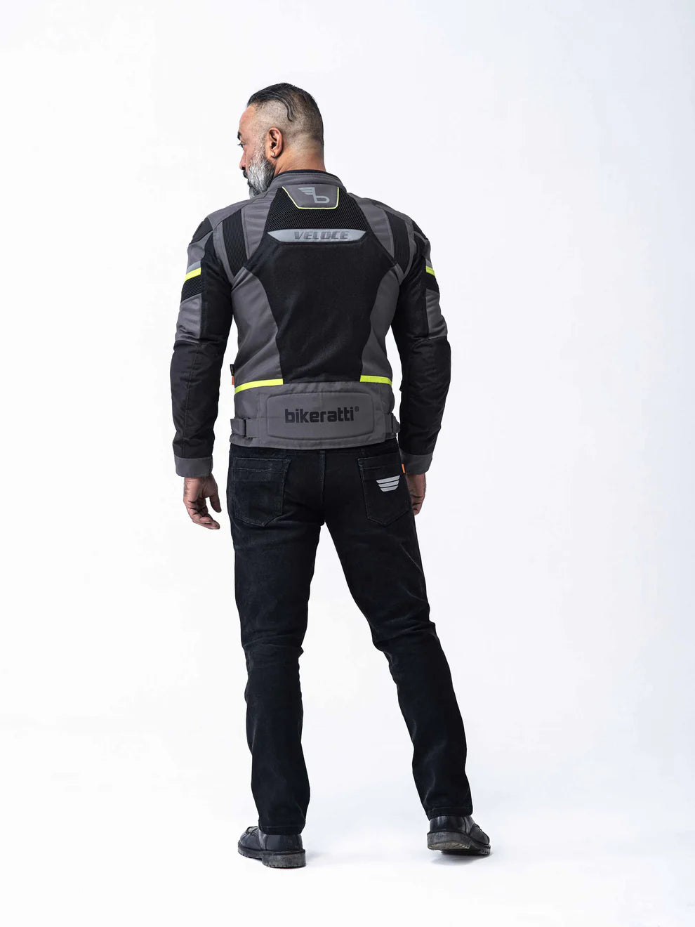 Motorcycle riding mesh armoured jacket D3O black with grey, neon stripes