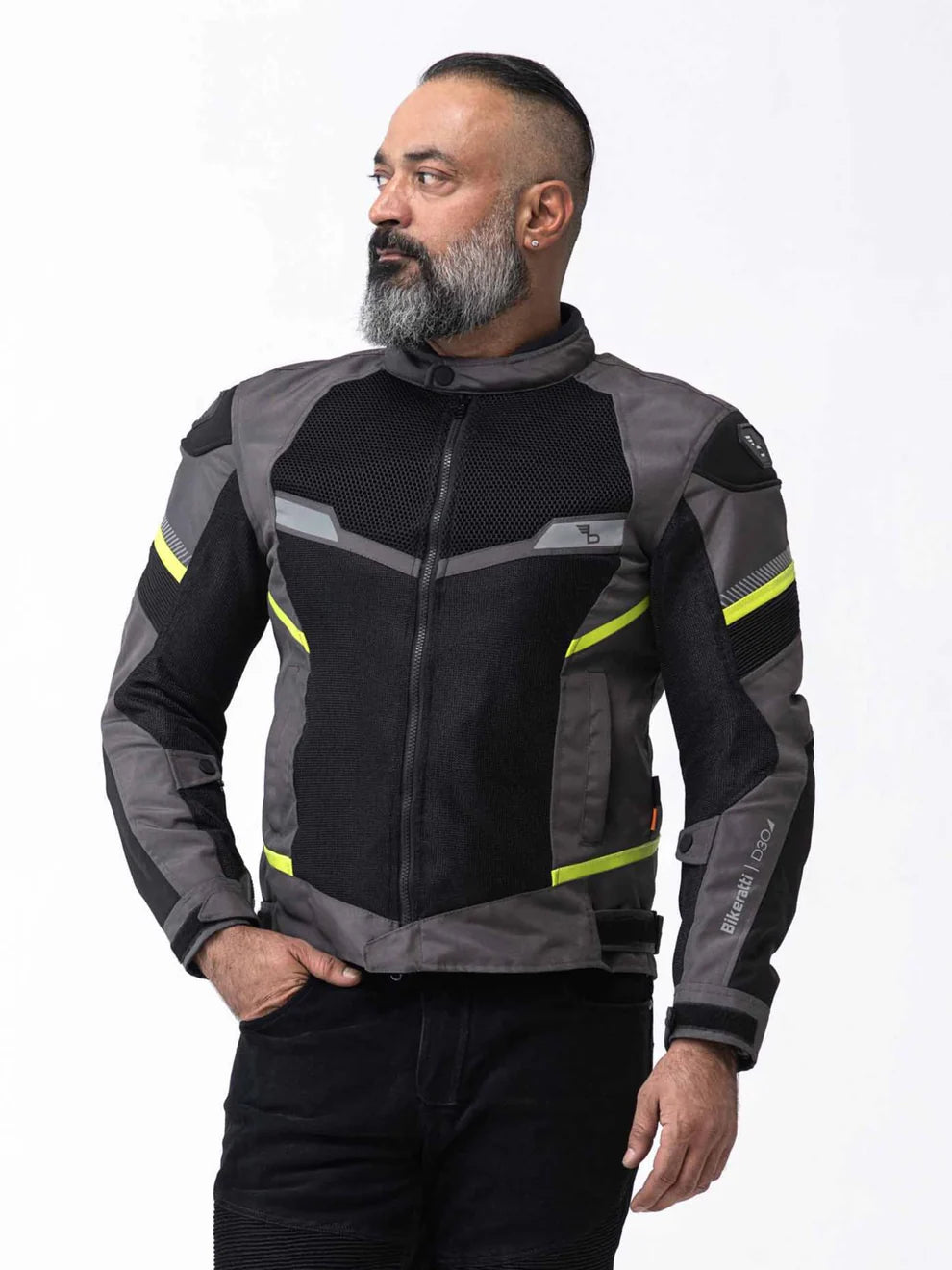 Motorcycle riding mesh armoured jacket D3O black with grey, neon stripes