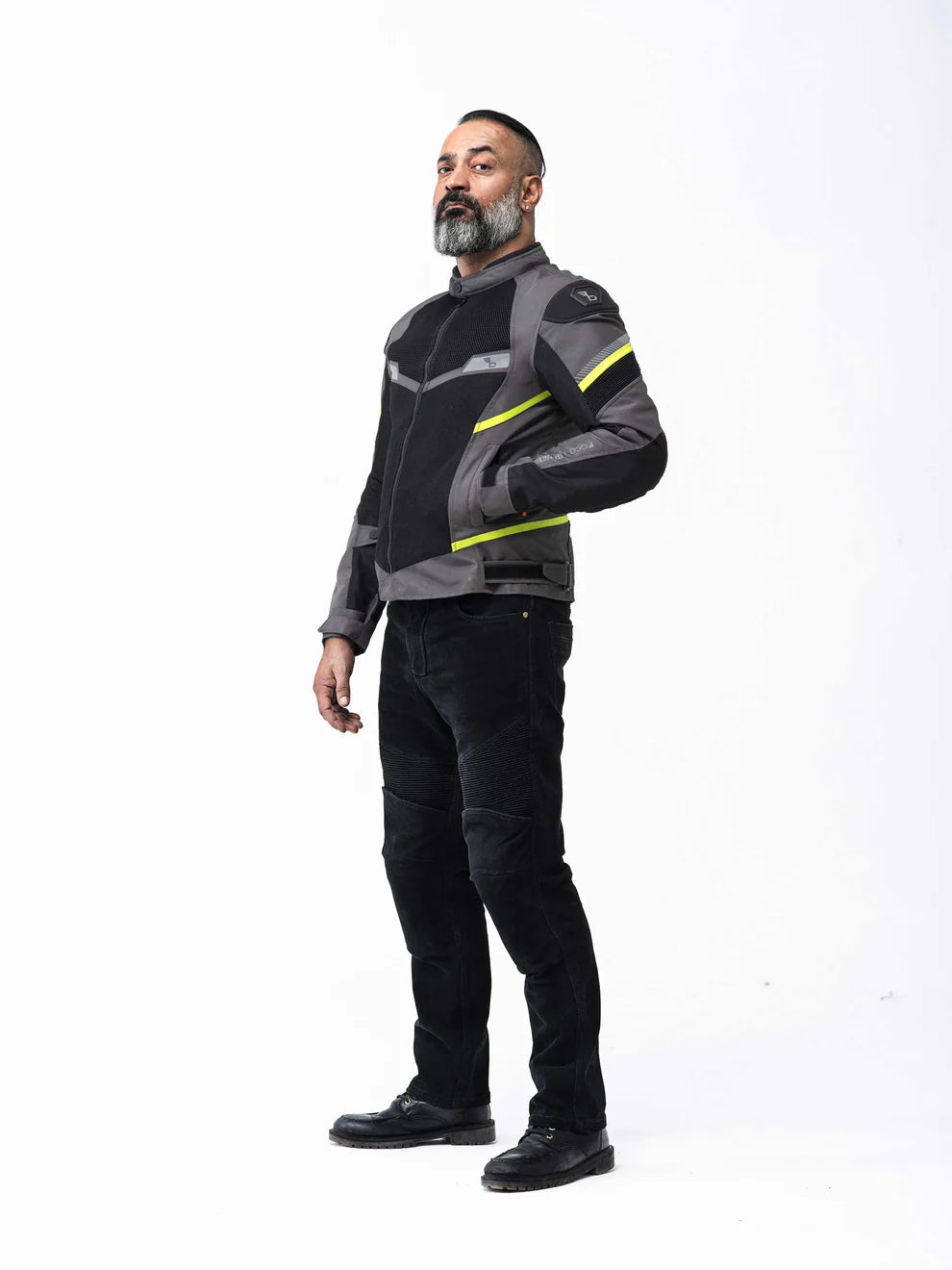 Motorcycle riding mesh armoured jacket D3O black with grey, neon stripes
