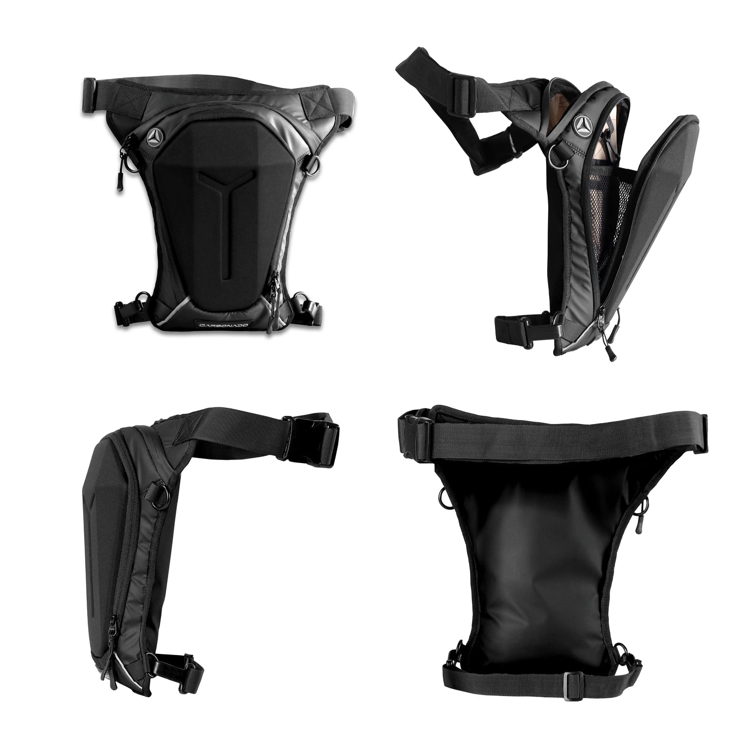 Motorcycle riding thigh bag black with headphone cable hole and multi-compartment