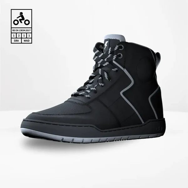 Motorcycle riding sneaker style boots for urban riding with protection and comfort black with grey