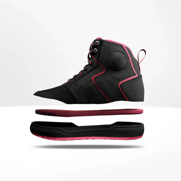 Motorcycle riding sneaker style boots for urban riding with protection and comfort black with red