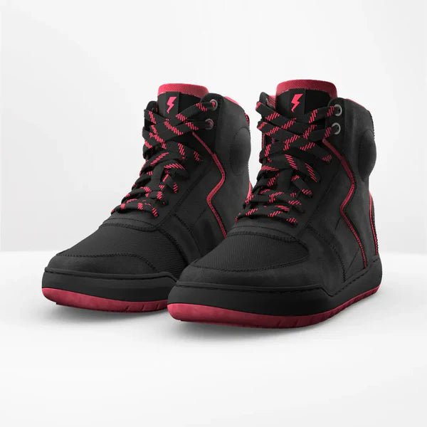 Motorcycle riding sneaker style boots for urban riding with protection and comfort black with red