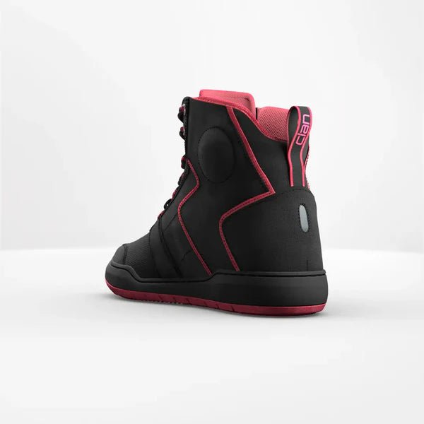 Motorcycle riding sneaker style boots for urban riding with protection and comfort black with red
