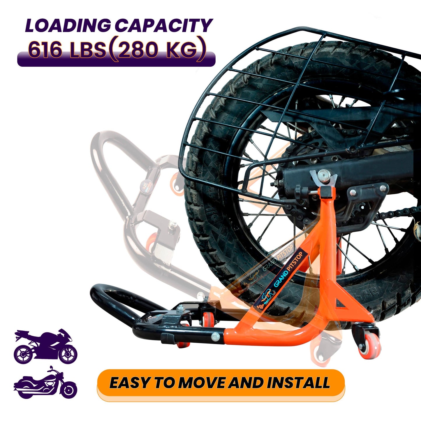 Motorcycle rear paddock stand 360 rotate, detachable, movable
