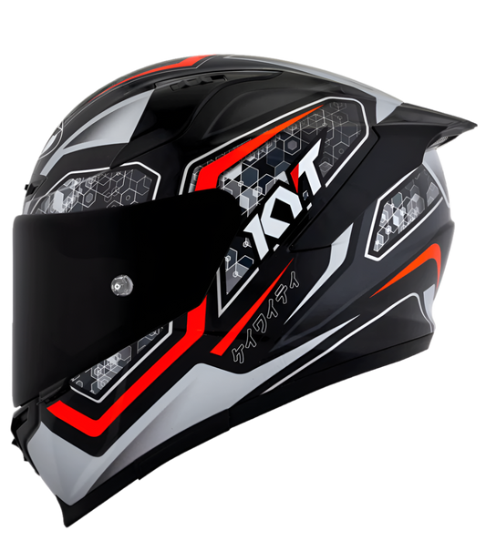 Motorcycle full face helmet black grey red geometric with small multiple geometric patterns