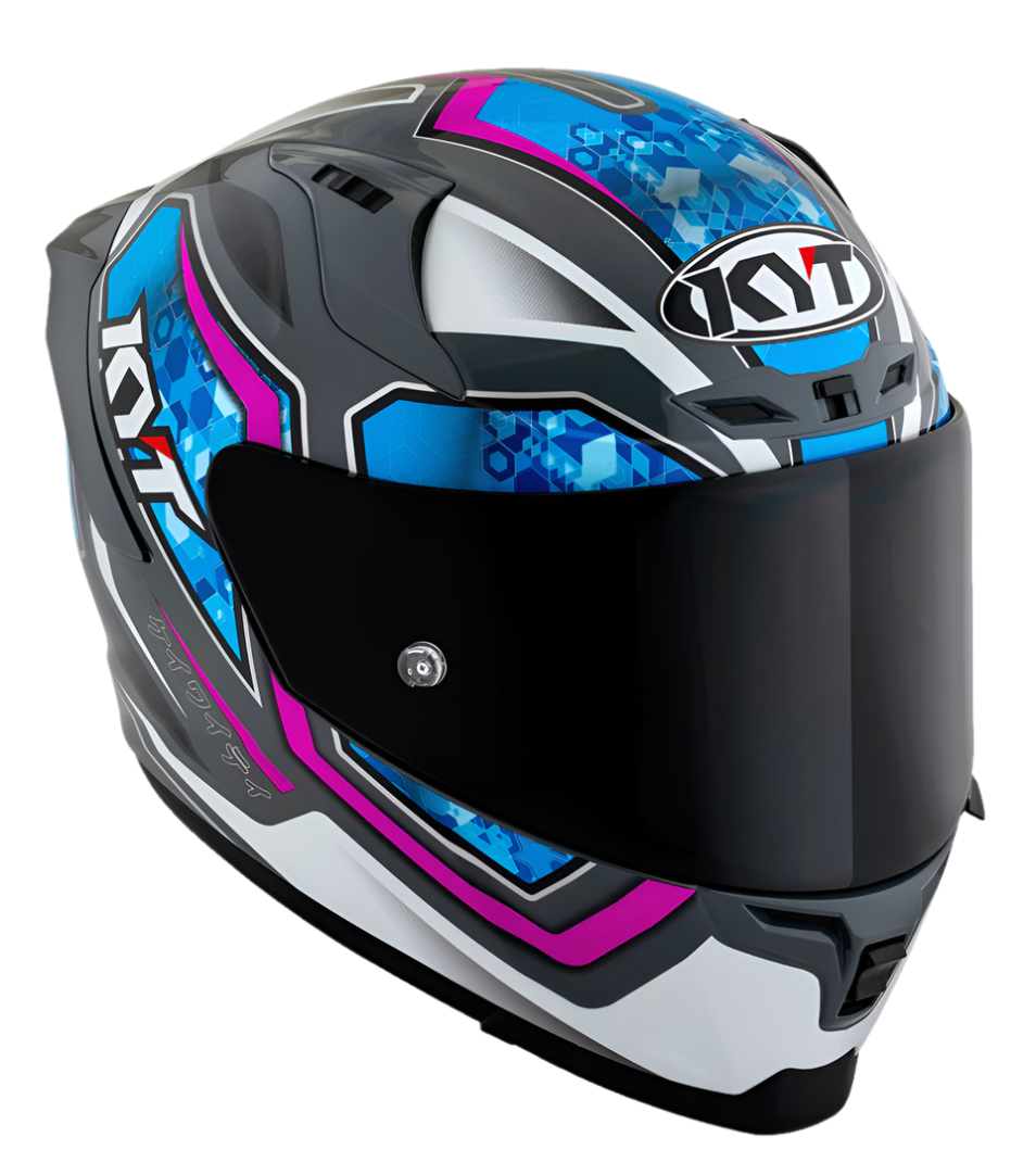 Motorcycle full face helmet grey with purple geometric graphic with light blue small geometric graphic