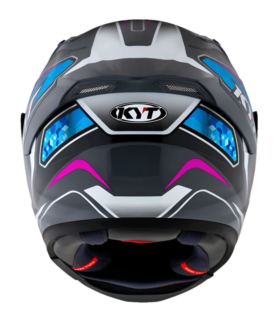Motorcycle full face helmet grey with purple geometric graphic with light blue small geometric graphic