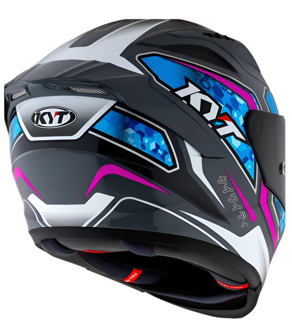 Motorcycle full face helmet grey with purple geometric graphic with light blue small geometric graphic