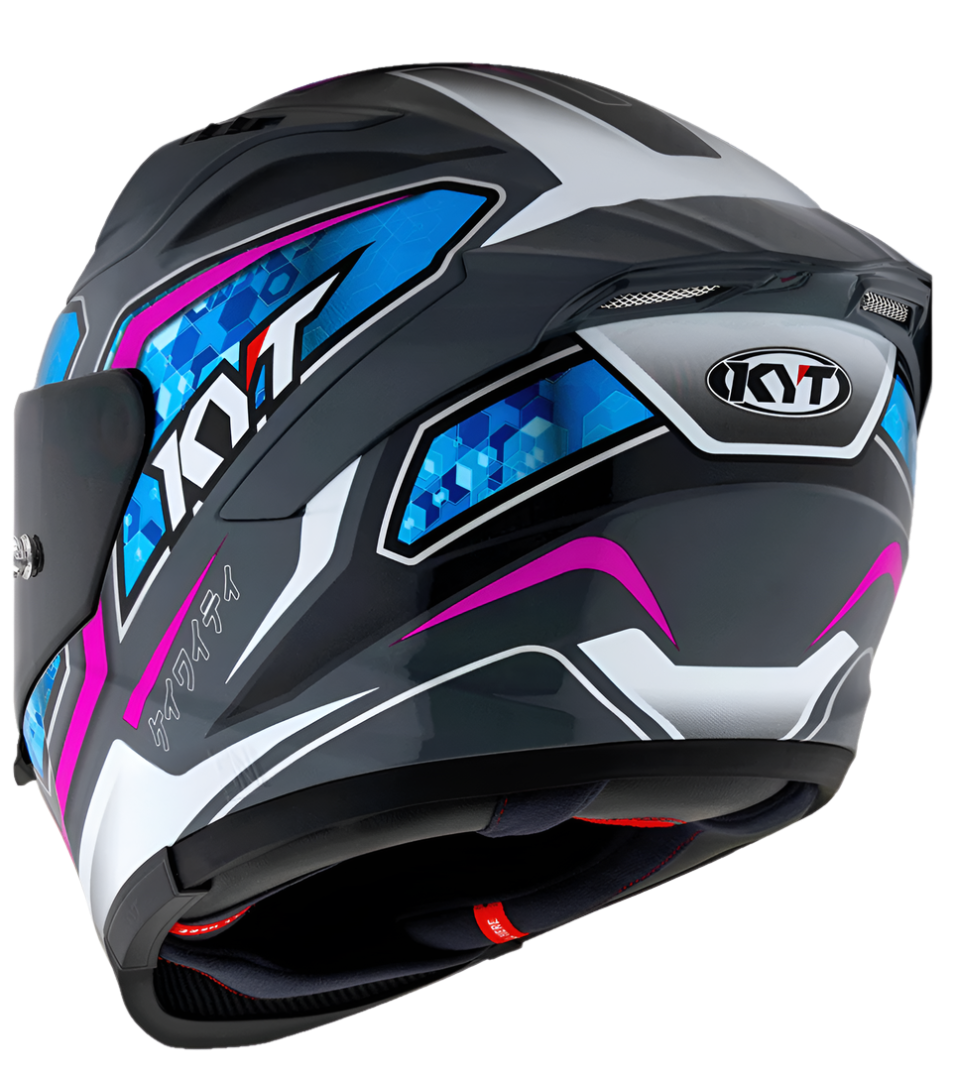 Motorcycle full face helmet grey with purple geometric graphic with light blue small geometric graphic
