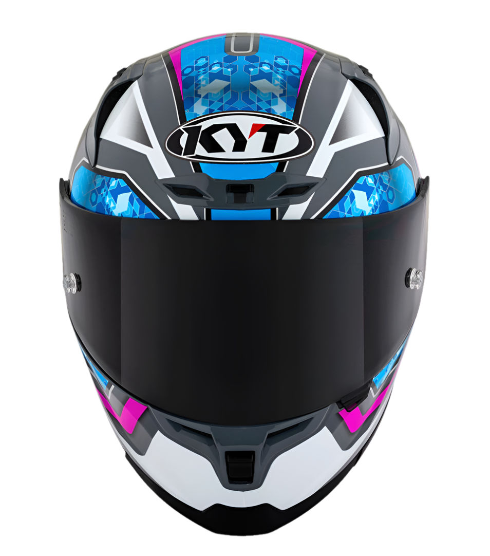 Motorcycle full face helmet grey with purple geometric graphic with light blue small geometric graphic