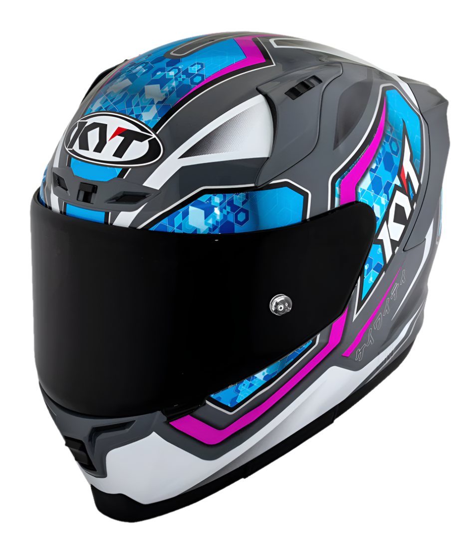 Motorcycle full face helmet grey with purple geometric graphic with light blue small geometric graphic