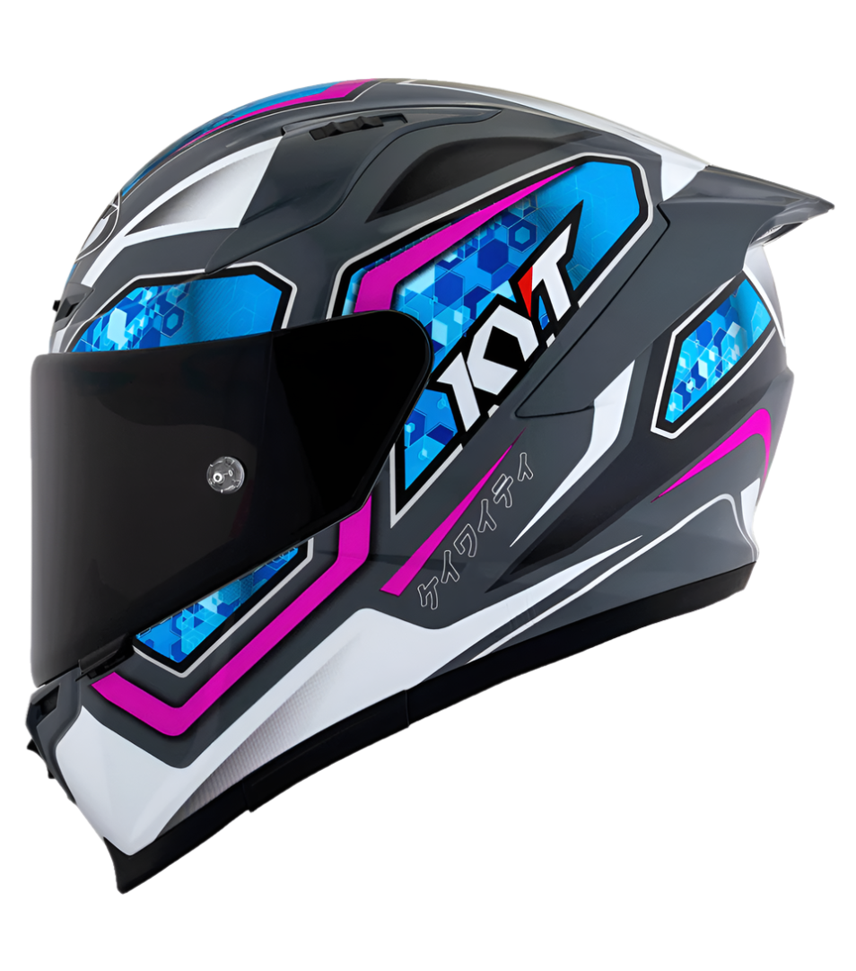 Motorcycle full face helmet grey with purple geometric graphic with light blue small geometric graphic