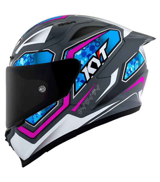 Motorcycle full face helmet grey with purple geometric graphic with light blue small geometric graphic