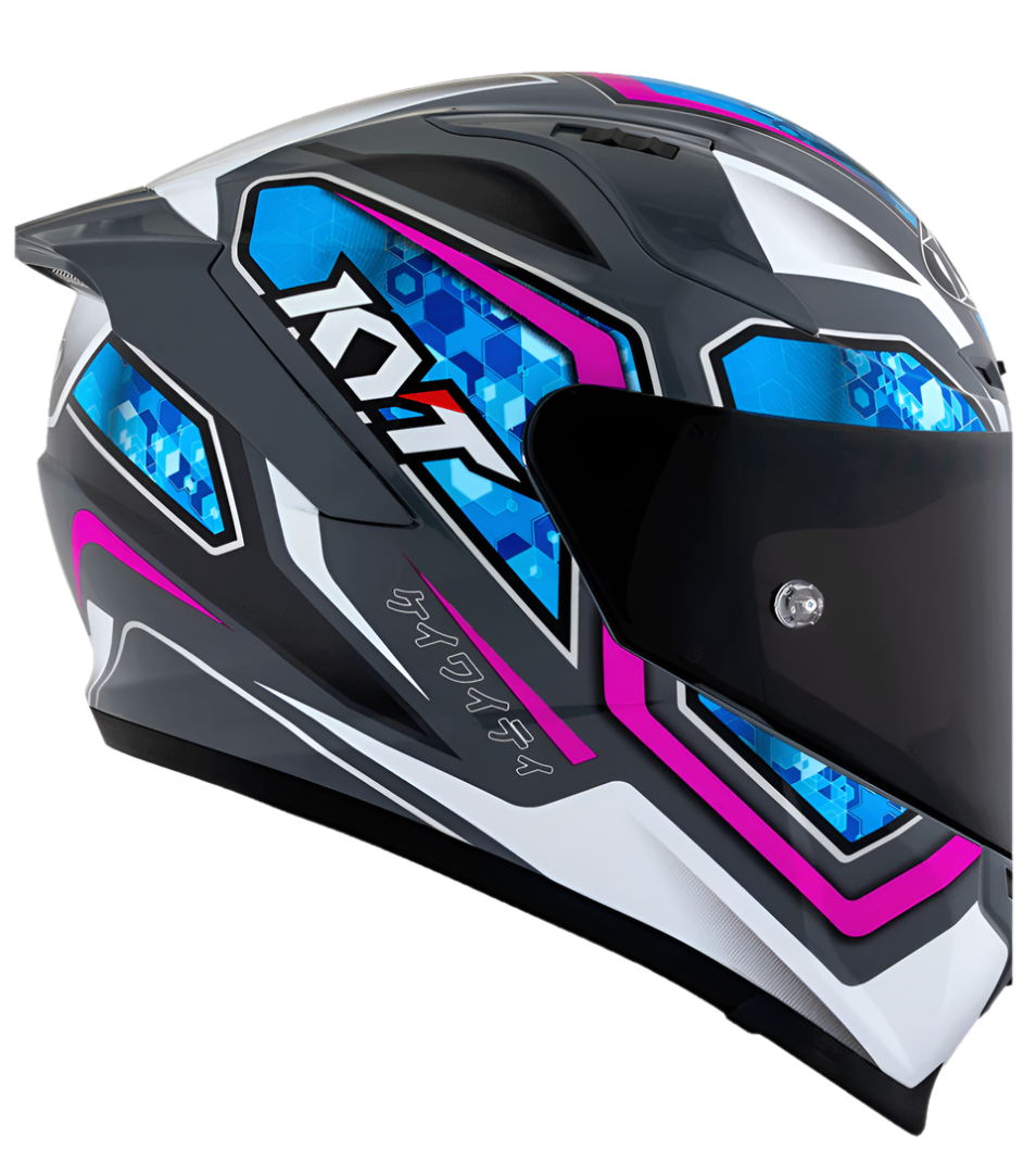 Motorcycle full face helmet grey with purple geometric graphic with light blue small geometric graphic