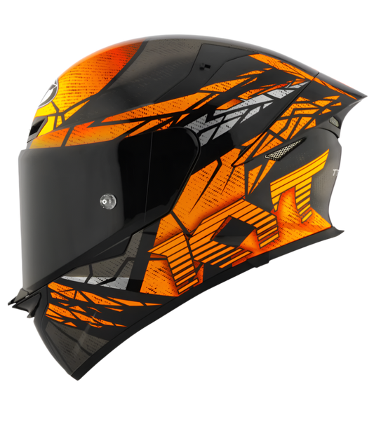 Motorcycle full face helmet black with geometric orange and grey graphic
