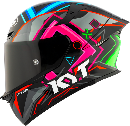 Motorcycle full face helmet square, x , circle and triangle small and large scale graphic red, green, blue and pink graphic