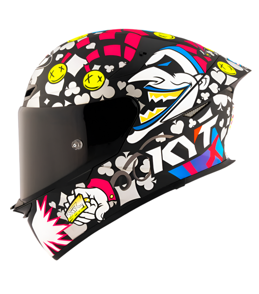 Motorcycle full face helmet with joker and related multicolour joker graphics