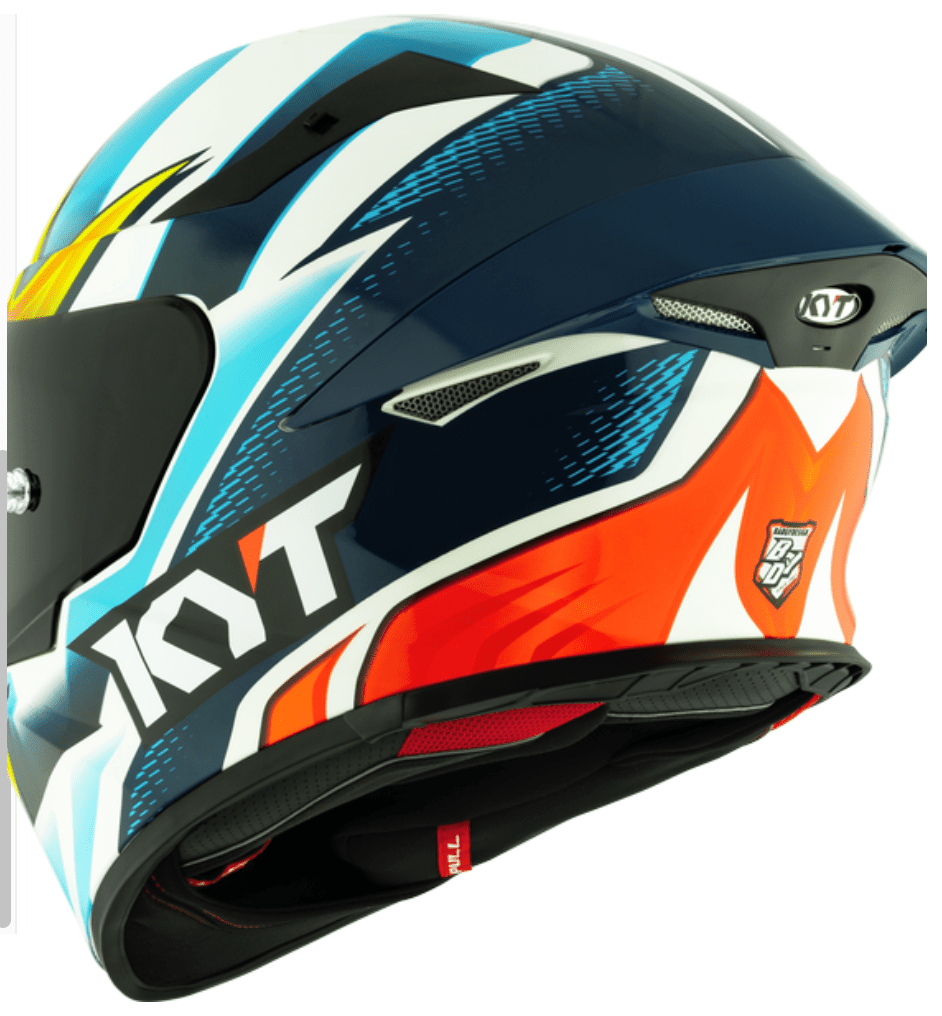 Motorcycle full face helmet blue white red orange geometric pattern graphic