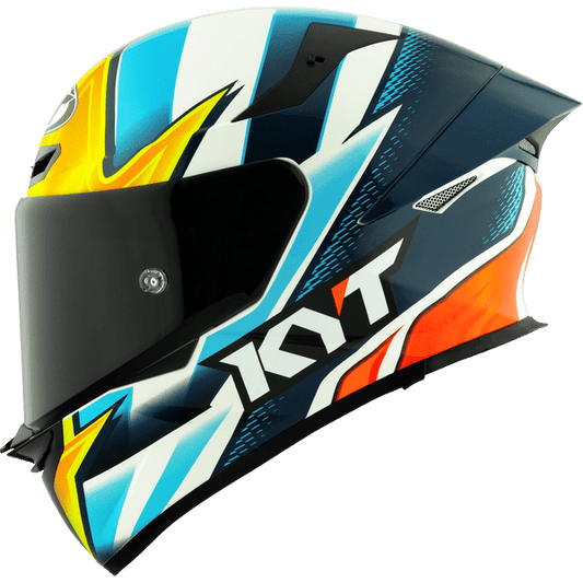 Motorcycle full face helmet blue white red orange geometric pattern graphic