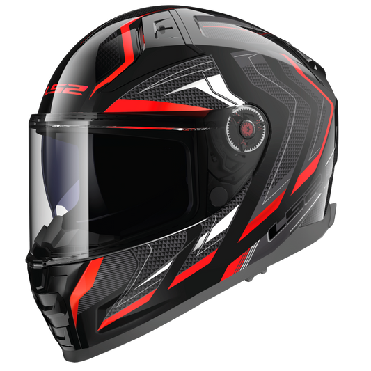Motorcycle full face helmet black grey geometric with red borders